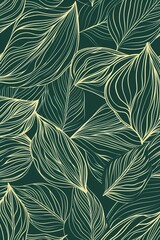 Green background with nature leaf pattern. Leaves hand drawn in line art style