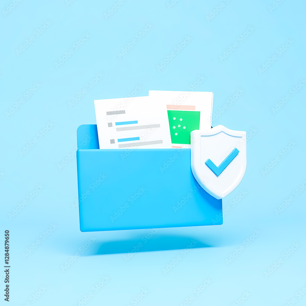 Poster 3d render of a secure digital folder with documents and a checkmark shield