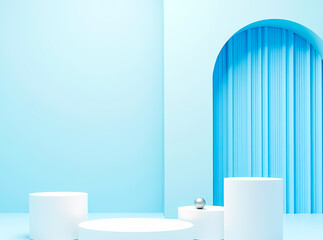 clean minimalist cylindrical platforms in light blue studio