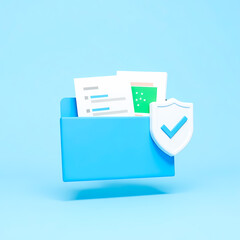 3d render of a secure digital folder with documents and a checkmark shield