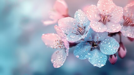Delicate cherry blossoms covered in morning dew under a pastel sky