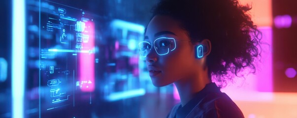 Young woman interacting with futuristic touchscreen interface in neon-lit environment