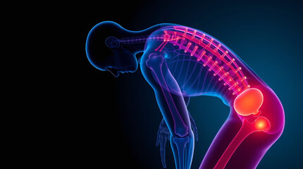 ransparent human figure in a bent-over posture, highlighting various joints and areas of the body with bright, glowing points