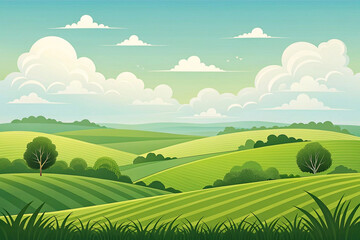 Obraz premium Sunny rolling hills landscape, farmland, green fields, blue sky, clouds; idyllic nature scene, perfect for travel brochures