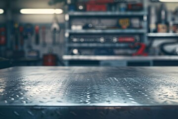 Metal blank table top with blurred automotive tools