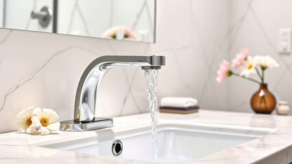 Samples of taps in the store. Large selection of plumbing. Construction, design and repair,Faucet in bathroom,Modern chrome faucet with flowing water in clean sink area. Fresh water flows smoothly fro