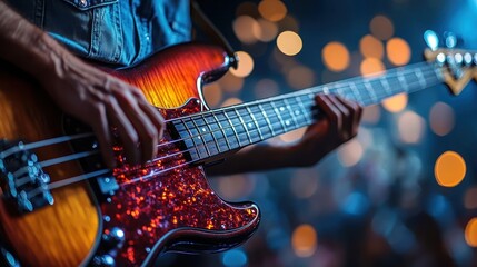 Naklejka premium Bassist playing electric bass on stage, concert lights