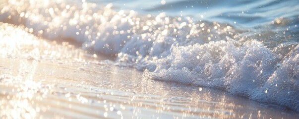 Sunlit waves crashing on sandy beach at sunrise
