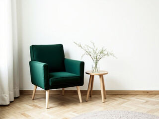 elegant emerald green armchair with wooden legs and delicate branches in a vase
