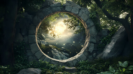 Stone portal nestled in lush greenery reveals a celestial scene. Celestial Forest Portal. Illustration
