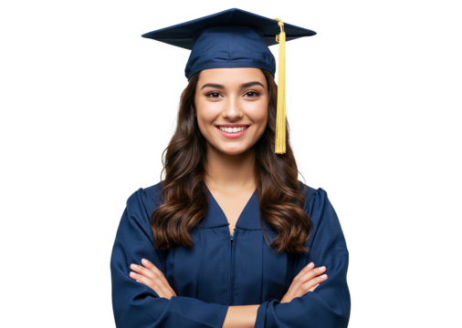 Beautiful smiling female university graduate with crossed arms