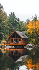 Fototapeta premium Elegant modern lodge with panoramic forest views and fireplace