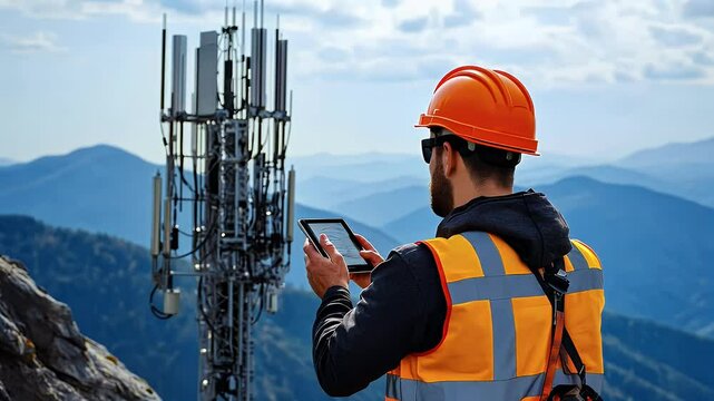 Engineer in Orange Vest and Hard Hat Inspecting Cell Tower with Tablet Against Mountain Backdrop Under Blue Sky During Daytime