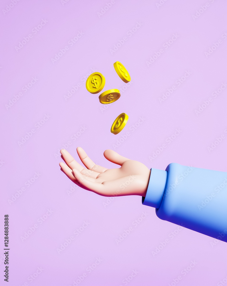 Poster golden coins into an open hand a 3d rendering