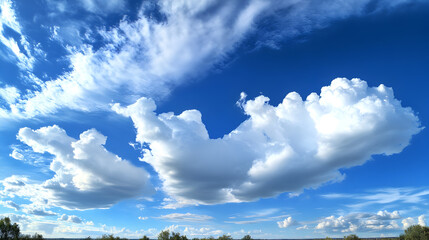 Stunning Panorama of a Blue Sky with Magnificent White Cumulus Clouds