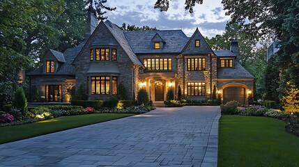 Luxurious suburban house with neutral tones, a large driveway, and contemporary outdoor lighting.