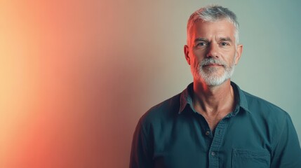 Obraz premium Confident Mature Man with Gray Hair and Beard Posing Against a Soft Gradient Background