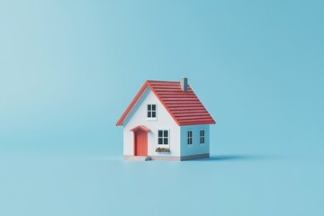 A Small White House with Red Roof on a Light Blue Background