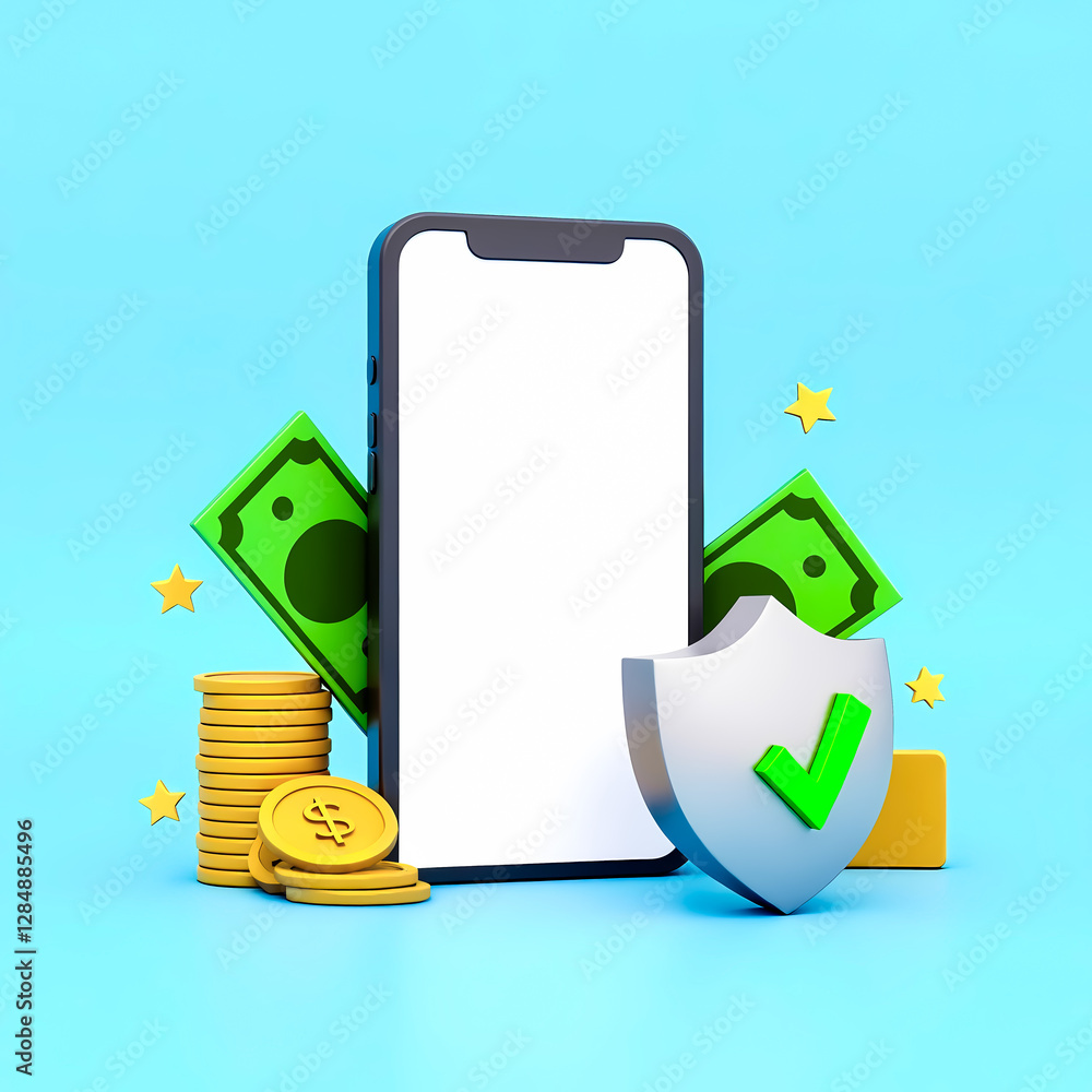 Poster smartphone display with security shield coins and money bills: a 3d rendering
