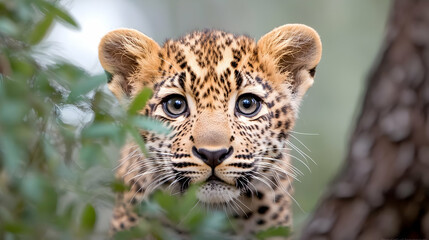 Fototapeta premium Leopard cub peering from foliage, wildlife scene, nature background, ideal for wildlife calendars