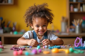 Fototapeta premium Happy African American girl with curly hair playing with colorful beads at table, creative activity for kids, early education, vibrant home classroom background, bright warm lighting, joyful mood