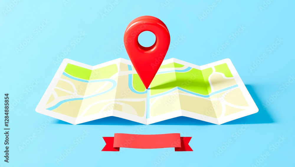 Poster red location pin on folded map: navigation and travel concept