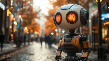 Fototapeta premium Süßer Roboter spaziert durch herbstliche Einkaufsstraße