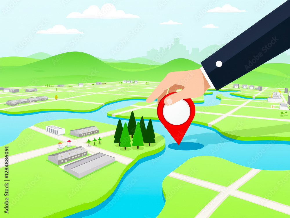 Poster hand placing a location marker on a map showing a tranquil island with trees