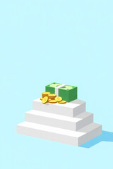 stack of cash and coins on a three-step platform