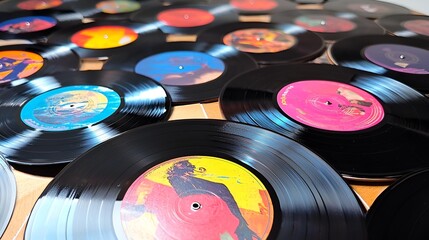 Colorful vinyl records on a table, music, background. Possible use stock photo for music