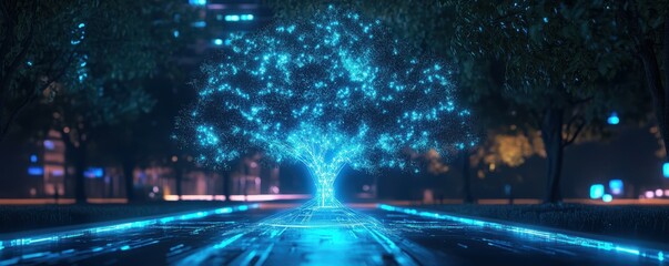 Futuristic glowing tree in urban nightscape with digital blue lights and technology vibes