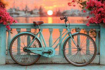 Fototapeta premium A blue bicycle is parked on a railing overlooking a body of water