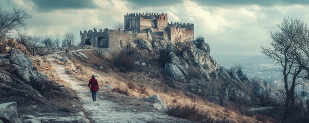 Solitary traveler walking towards ancient hilltop fortress under cloudy sky