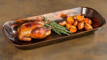 Roasted Chicken with Vegetables and Fresh Herbs on Elegant Serving Tray