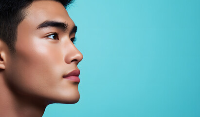 Photo of a handsome Asian american male model with clear skin and a well-defined nose, a side-profile close-up against a blue background for a beauty advertising banner