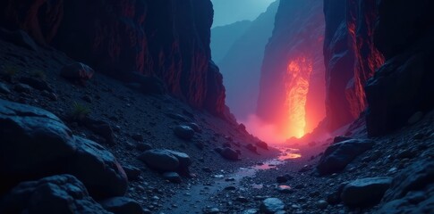 A glowing, ghostly presence drifts through the canyon night, shadowy, haunting