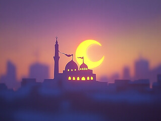 Obraz premium Silhouette of a mosque against a vibrant sunset with a crescent moon and city skyline in the background
