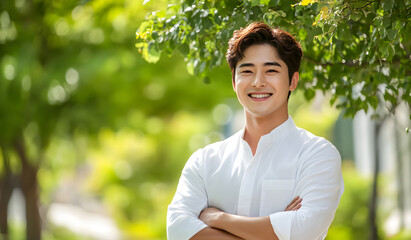 A young handsome ASEAN actor is smiling standing with his arms crossed in front of a green tree. He is wearing a white shirt in a university garden setting. advertising banner, 
