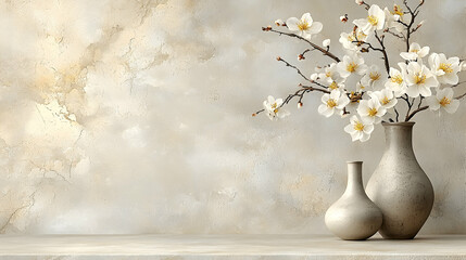 White blossoms in vases against textured wall