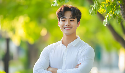A young handsome ASEAN actor is smiling standing with his arms crossed in front of a green tree. He is wearing a white shirt in a university garden setting. advertising banner, 
