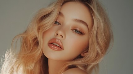 Naklejka premium Beautiful Young Woman with Wavy Blonde Hair and Soft Makeup