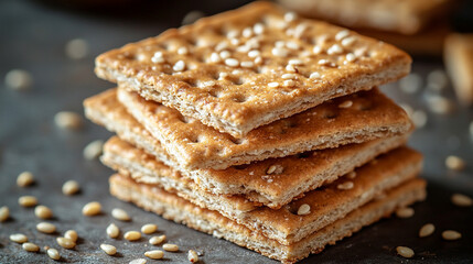 A close-up of healthy, crunchy sesame crackers with grains and seeds, symbolizing a modern, nutritious snack option that promotes well-being, vitality, and wholesome eating habits.

