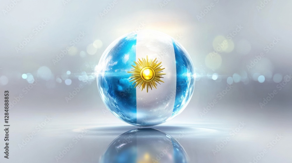 Poster modern artistic representation of the argentine flag in a reflective sphere with a glorious backgrou