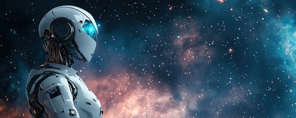 Fototapeta premium Futuristic robot in outer space with nebula backdrop