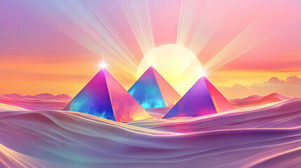 Surreal desert mirage with glowing pyramids and radiant beams. Otherworldly Desert Mirage. Illustration