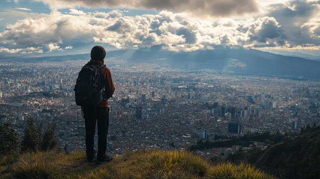 Quito, Ecuador A backpacker stands on the edge of El Panecillo hill, gazing at the sprawling city below. 