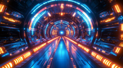 A futuristic illuminated spaceship corridor featuring vibrant glowing lights. The sleek design symbolizes advanced technology, exploration, and the journey into uncharted realms of space.

