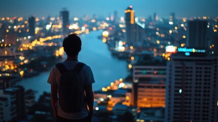 Bangkok, Thailand A lone backpacker stands on a rooftop overlooking the illuminated skyline of Bangkok, the Chao Phraya River winding below. 