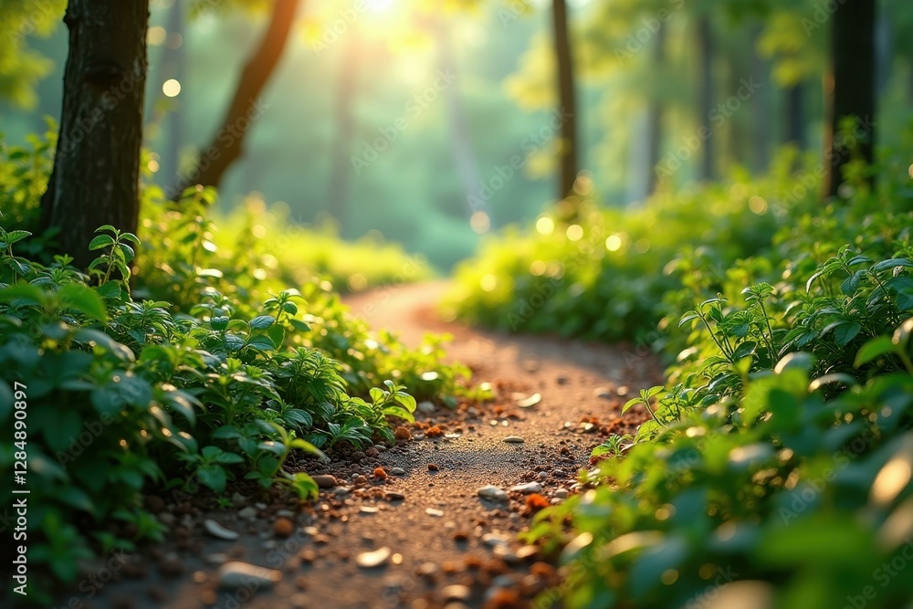 Poster sun shines through trees and leaves on path