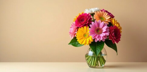 Vibrant bouquet of assorted flowers in glass vase, colorful, beautiful, vibrant